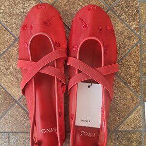 Mango NWT Mesh Red Floral Women's Ballet Flats Size 37